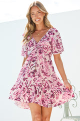 Ameya Mini Dress - Sweetheart Neckline On or Off Shoulder Dress with Tie Bust in Quest Print Pink