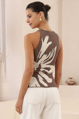 Amika Knit Top - Crew Neck Floral Print Knit Top in Brown