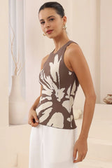 Amika Knit Top - Crew Neck Floral Print Knit Top in Brown