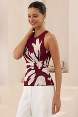 Amika Knit Top - Crew Neck Floral Print Knit Top in Wine