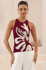 Amika Knit Top - Crew Neck Floral Print Knit Top in Wine