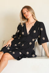 Amilia Mini Dress - A Line Tiered Button Through Dress in Ruiz Print Black
