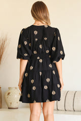 Amilia Mini Dress - A Line Tiered Button Through Dress in Ruiz Print Black