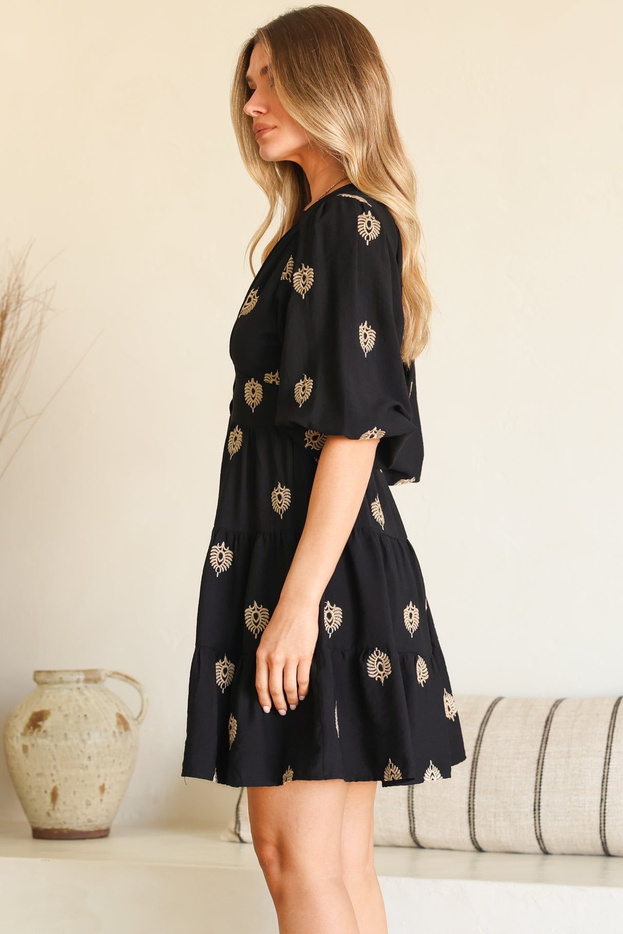 Amilia Mini Dress - A Line Tiered Button Through Dress in Ruiz Print Black
