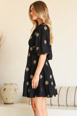 Amilia Mini Dress - A Line Tiered Button Through Dress in Ruiz Print Black