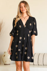Amilia Mini Dress - A Line Tiered Button Through Dress in Ruiz Print Black