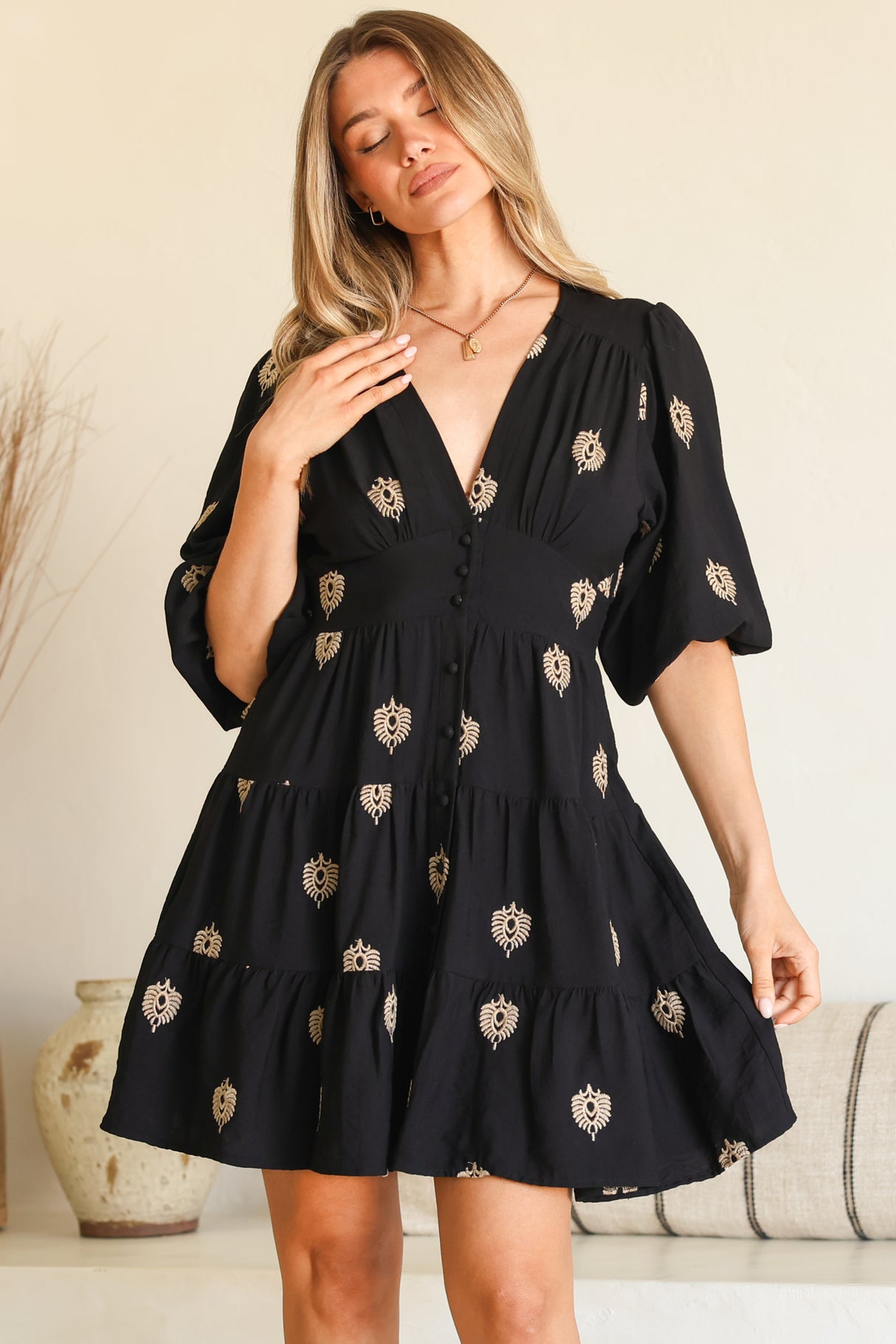 Amilia Mini Dress - A Line Tiered Button Through Dress in Ruiz Print Black