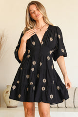 Amilia Mini Dress - A Line Tiered Button Through Dress in Ruiz Print Black