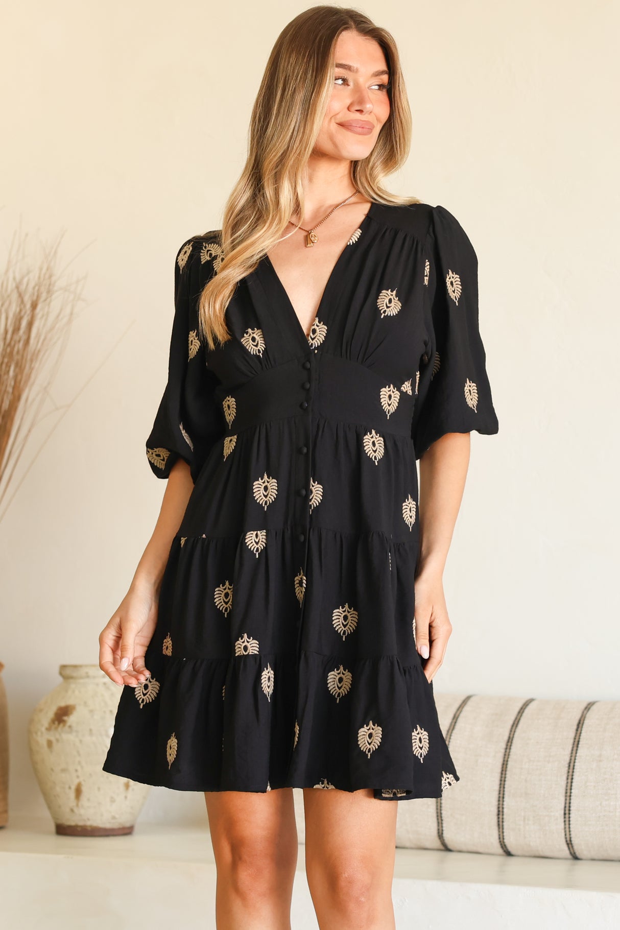 Amilia Mini Dress - A Line Tiered Button Through Dress in Ruiz Print Black