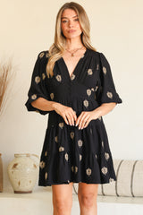 Amilia Mini Dress - A Line Tiered Button Through Dress in Ruiz Print Black