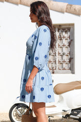Amilia Mini Dress - A Line Tiered Button Through Dress in Ruiz Print Blue