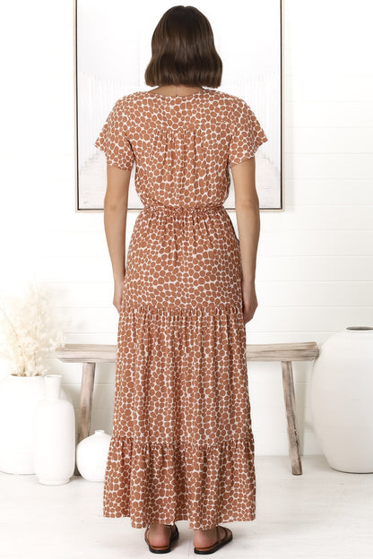 Aminah Maxi Dress - Cap Sleeve Tiered A Line Dress with Front Split in Animal Print