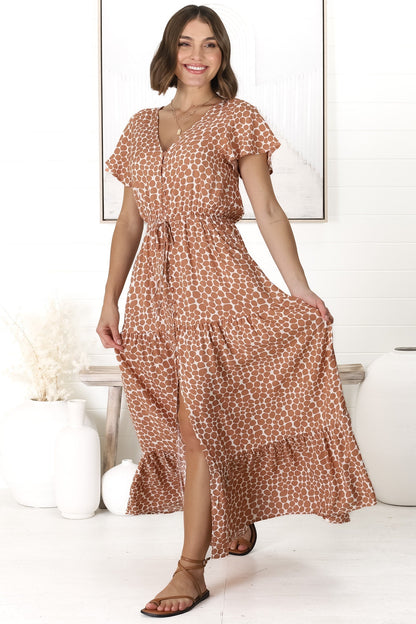Aminah Maxi Dress - Cap Sleeve Tiered A Line Dress with Front Split in Animal Print