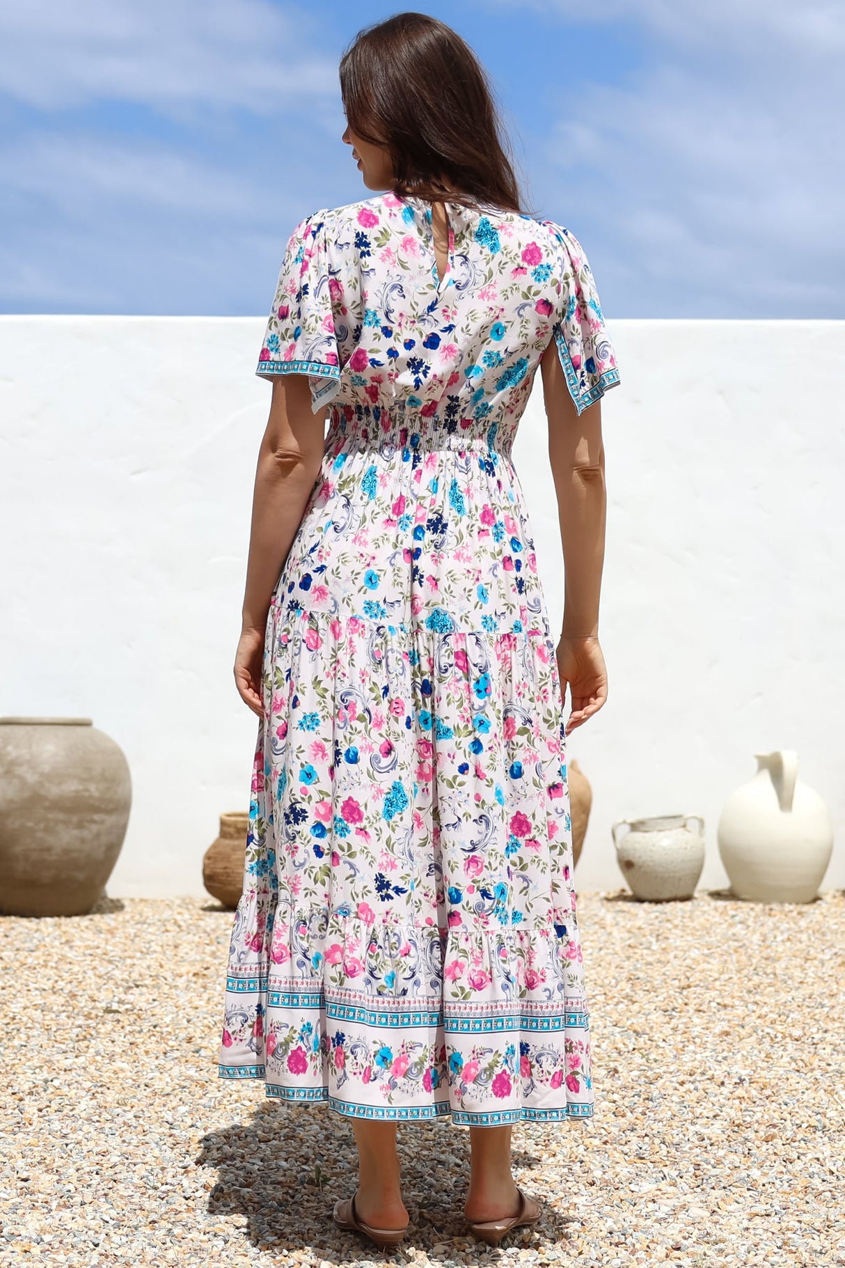 Amity Maxi Dress - V-Neck Empire Line Dress with Flutter Sleeves in Gardner Print