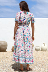 Amity Maxi Dress - V-Neck Empire Line Dress with Flutter Sleeves in Gardner Print