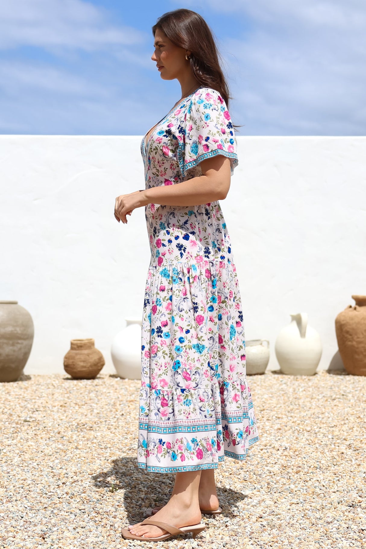 Amity Maxi Dress - V-Neck Empire Line Dress with Flutter Sleeves in Gardner Print