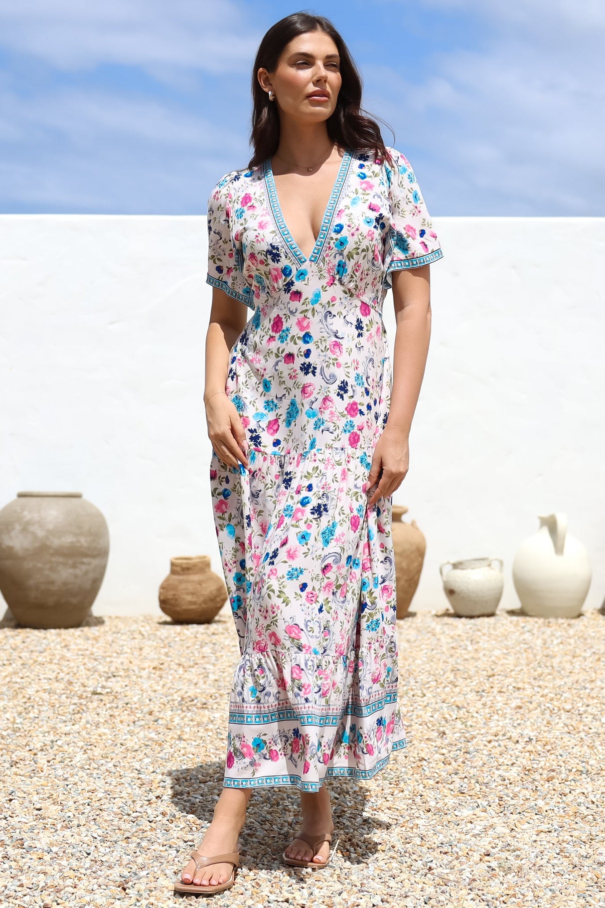 Amity Maxi Dress - V-Neck Empire Line Dress with Flutter Sleeves in Gardner Print