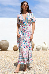 Amity Maxi Dress - V-Neck Empire Line Dress with Flutter Sleeves in Gardner Print