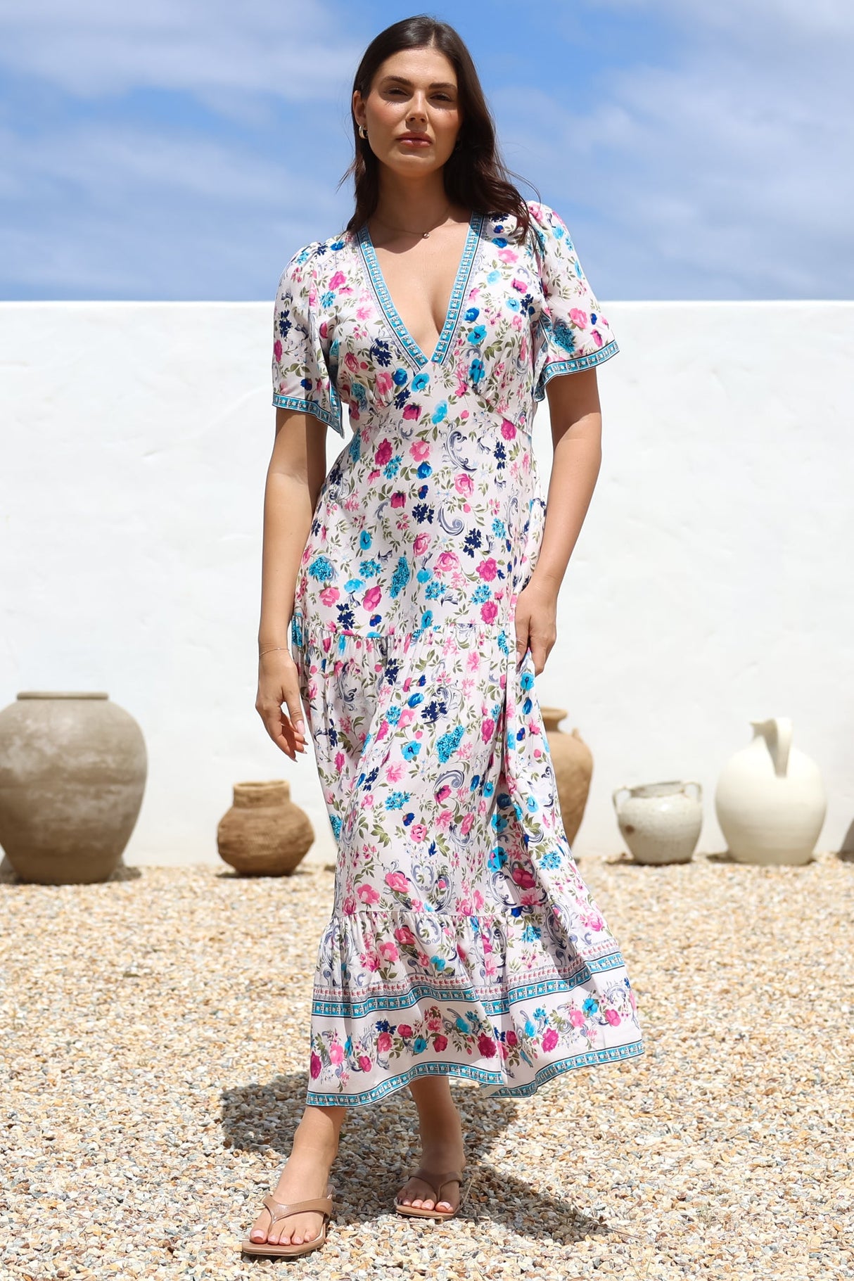 Amity Maxi Dress - V-Neck Empire Line Dress with Flutter Sleeves in Gardner Print