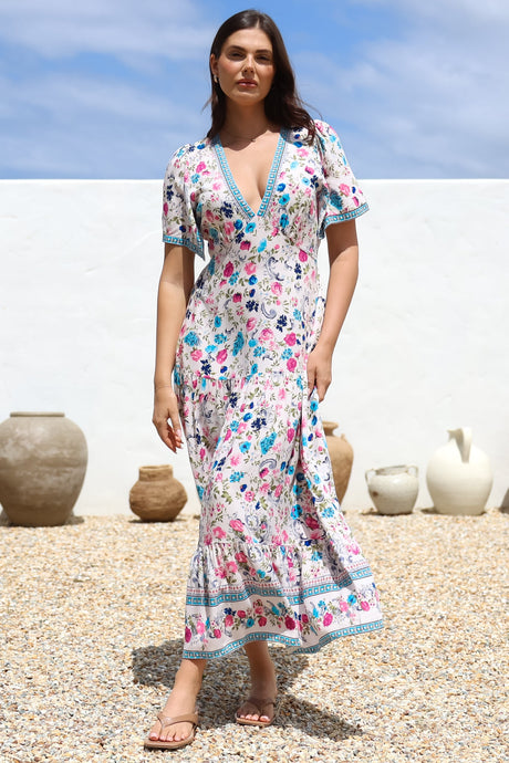 Amity Maxi Dress - V-Neck Empire Line Dress with Flutter Sleeves in Gardner Print