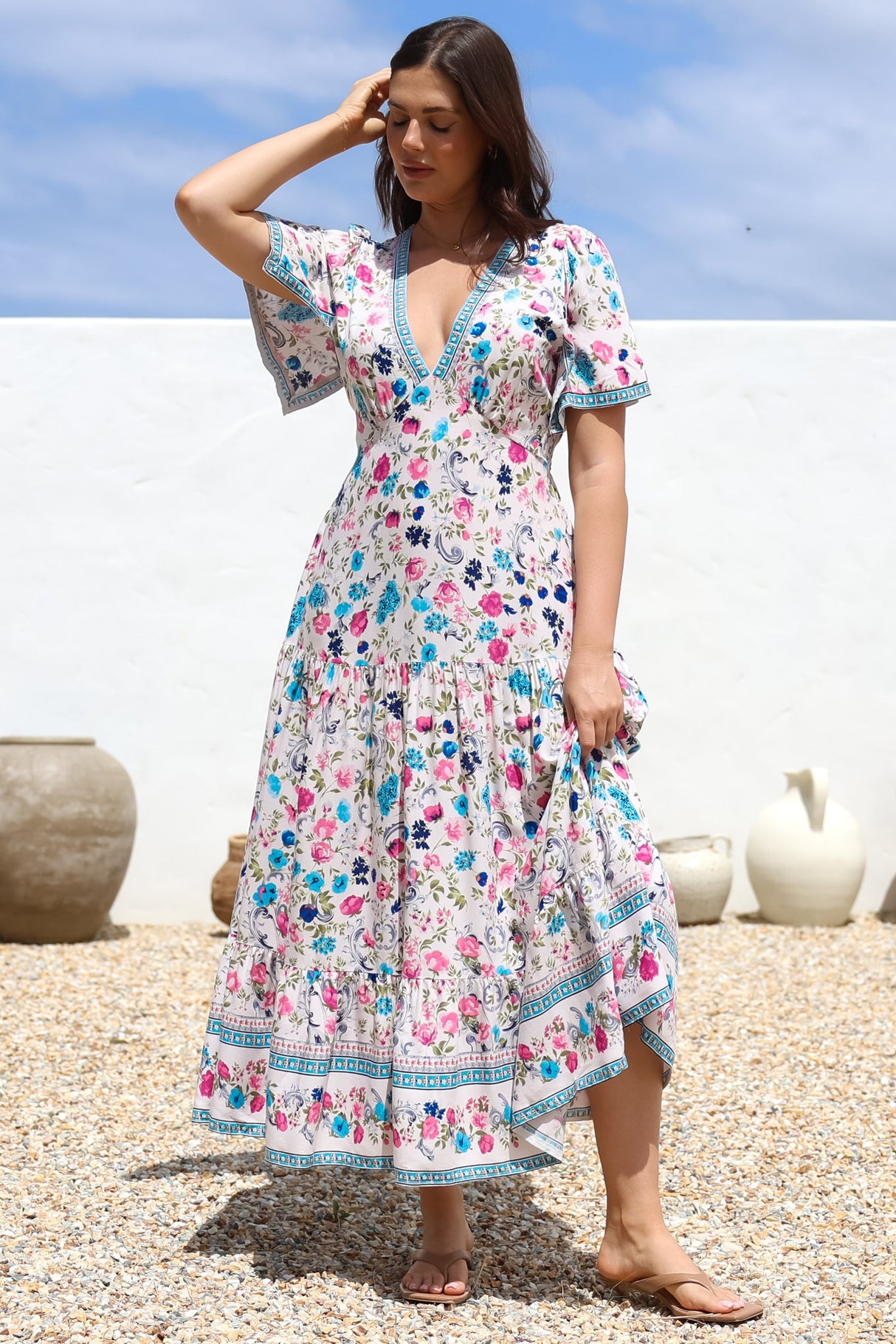 Amity Maxi Dress - V-Neck Empire Line Dress with Flutter Sleeves in Gardner Print
