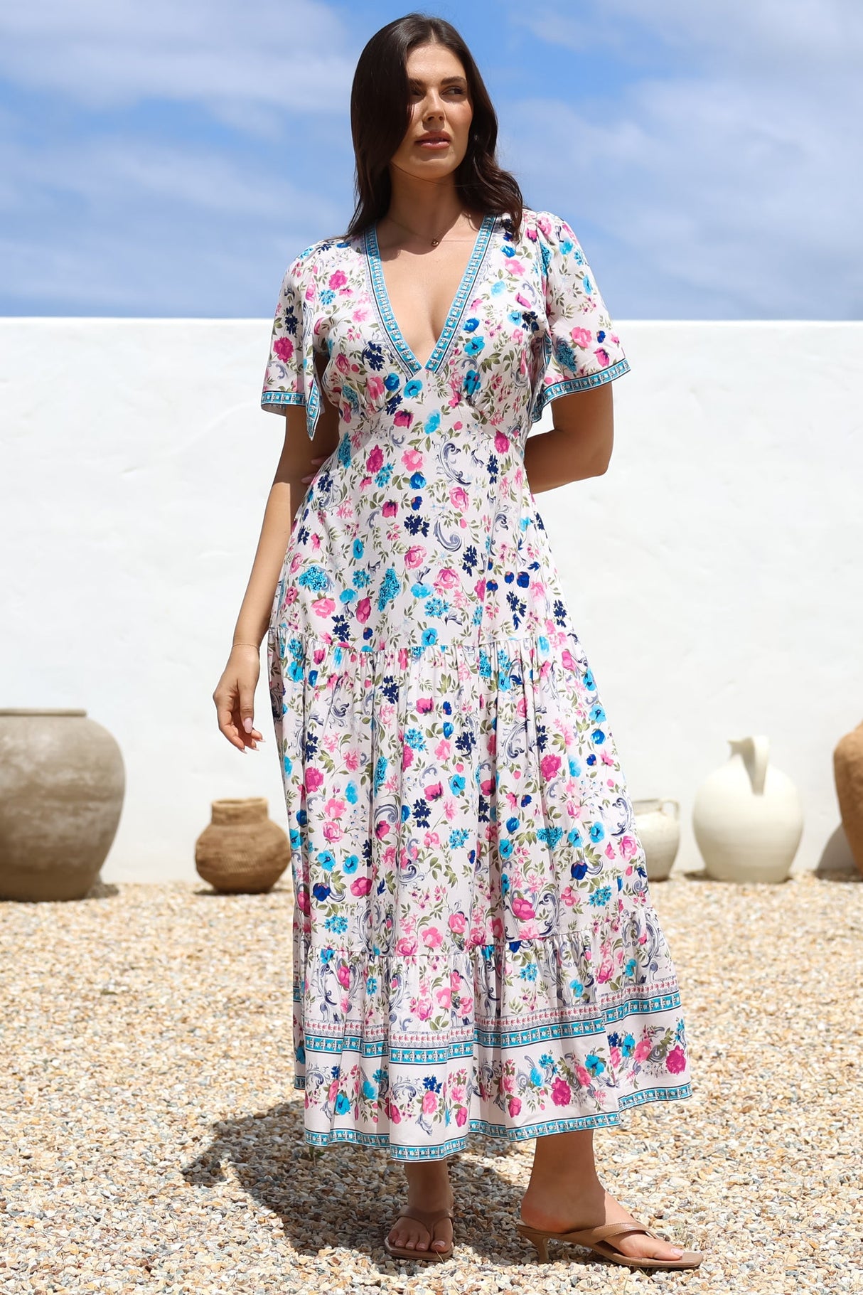 Amity Maxi Dress - V-Neck Empire Line Dress with Flutter Sleeves in Gardner Print