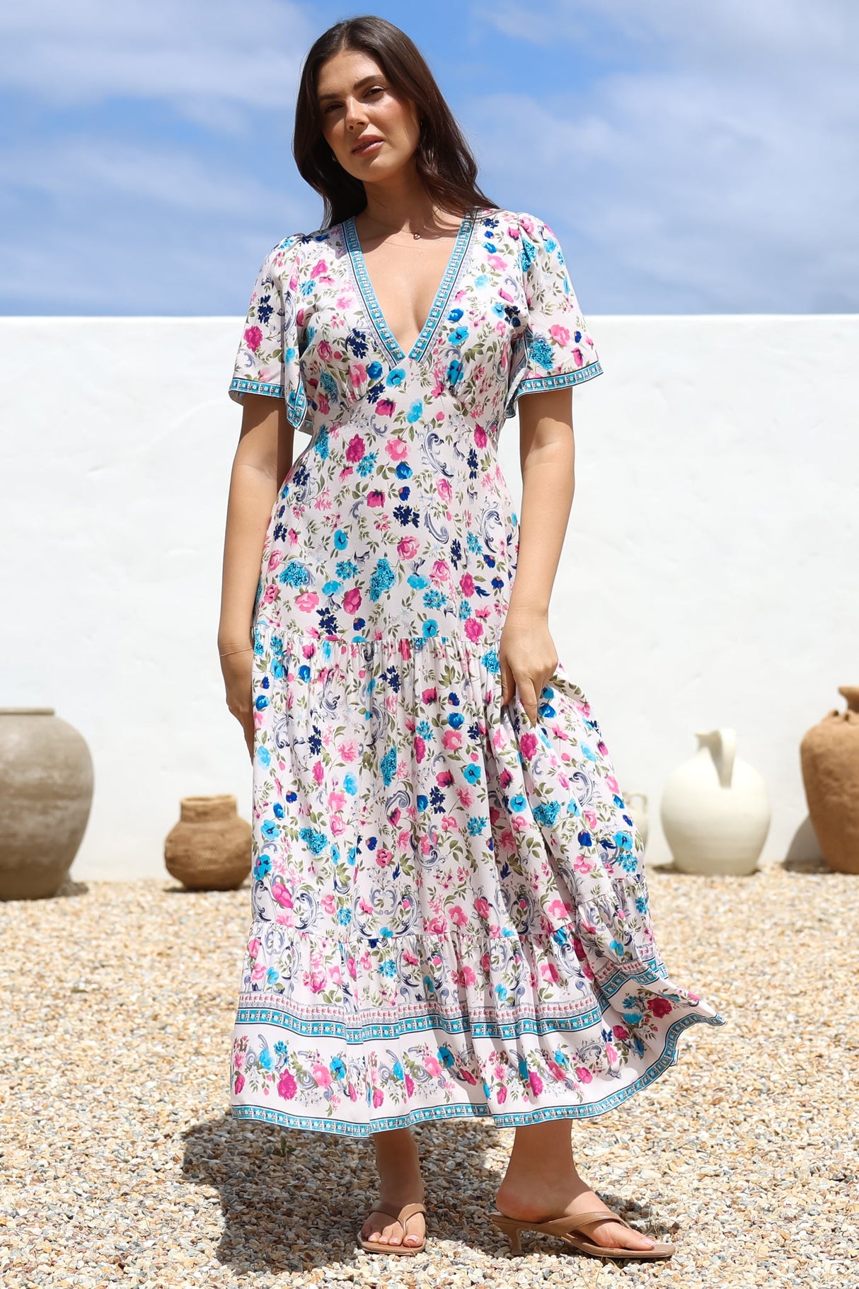 Amity Maxi Dress - V-Neck Empire Line Dress with Flutter Sleeves in Gardner Print