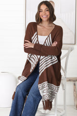 Amos Cardigan - Open Front Cardigan with Tassel Hem in Brown