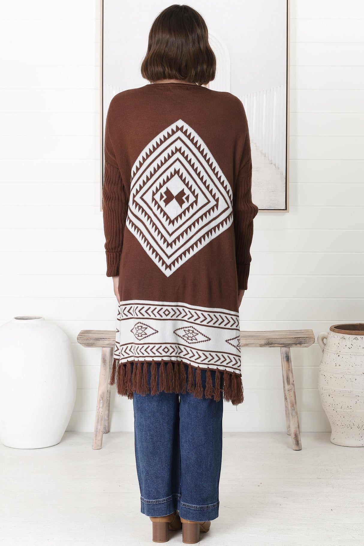 Amos Cardigan - Open Front Cardigan with Tassel Hem in Brown