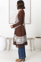 Amos Cardigan - Open Front Cardigan with Tassel Hem in Brown