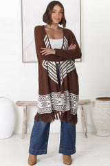 Amos Cardigan - Open Front Cardigan with Tassel Hem in Brown