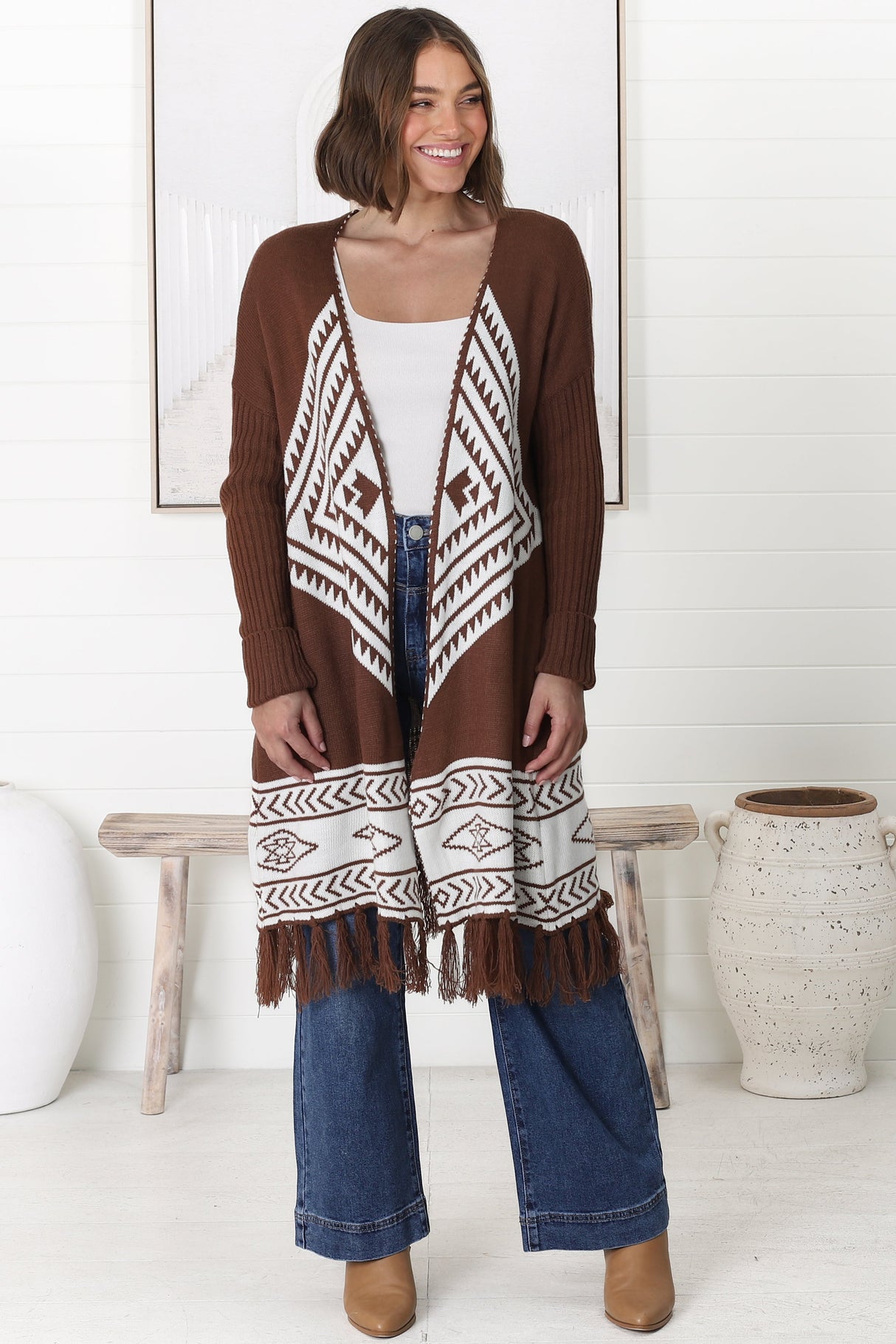 Amos Cardigan - Open Front Cardigan with Tassel Hem in Brown