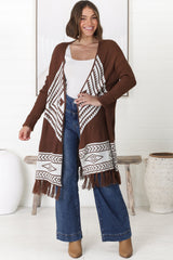 Amos Cardigan - Open Front Cardigan with Tassel Hem in Brown