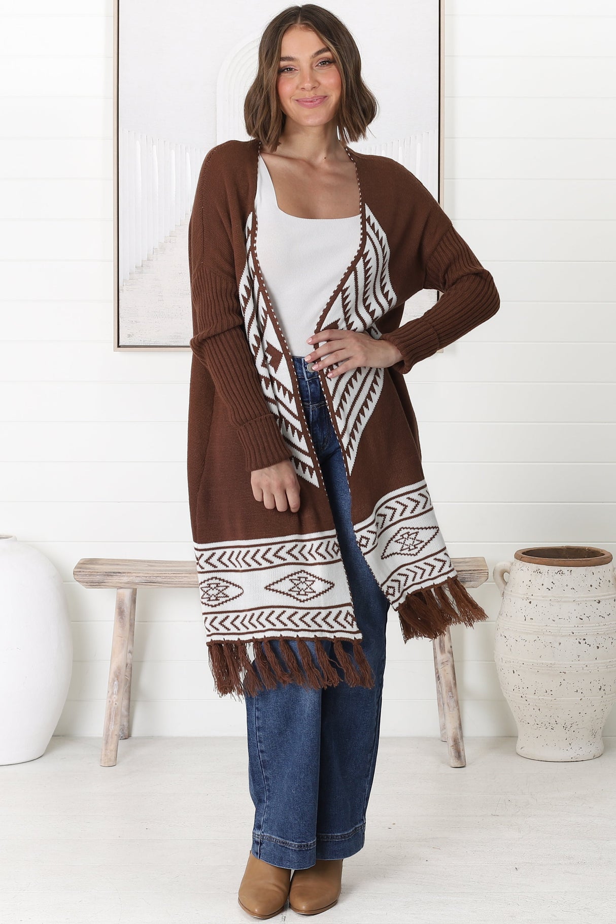 Amos Cardigan - Open Front Cardigan with Tassel Hem in Brown