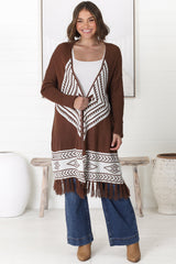 Amos Cardigan - Open Front Cardigan with Tassel Hem in Brown