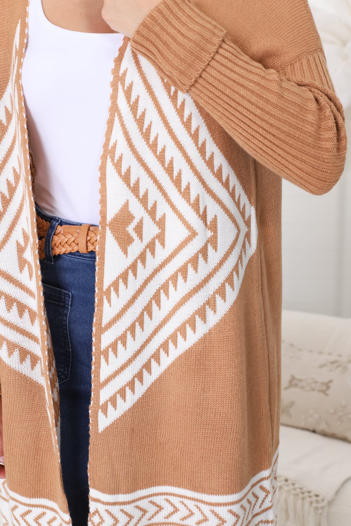 Amos Cardigan - Open Front Cardigan with Tassel Hem in Camel