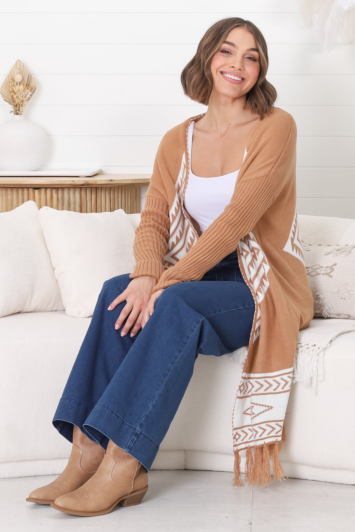 Amos Cardigan - Open Front Cardigan with Tassel Hem in Camel