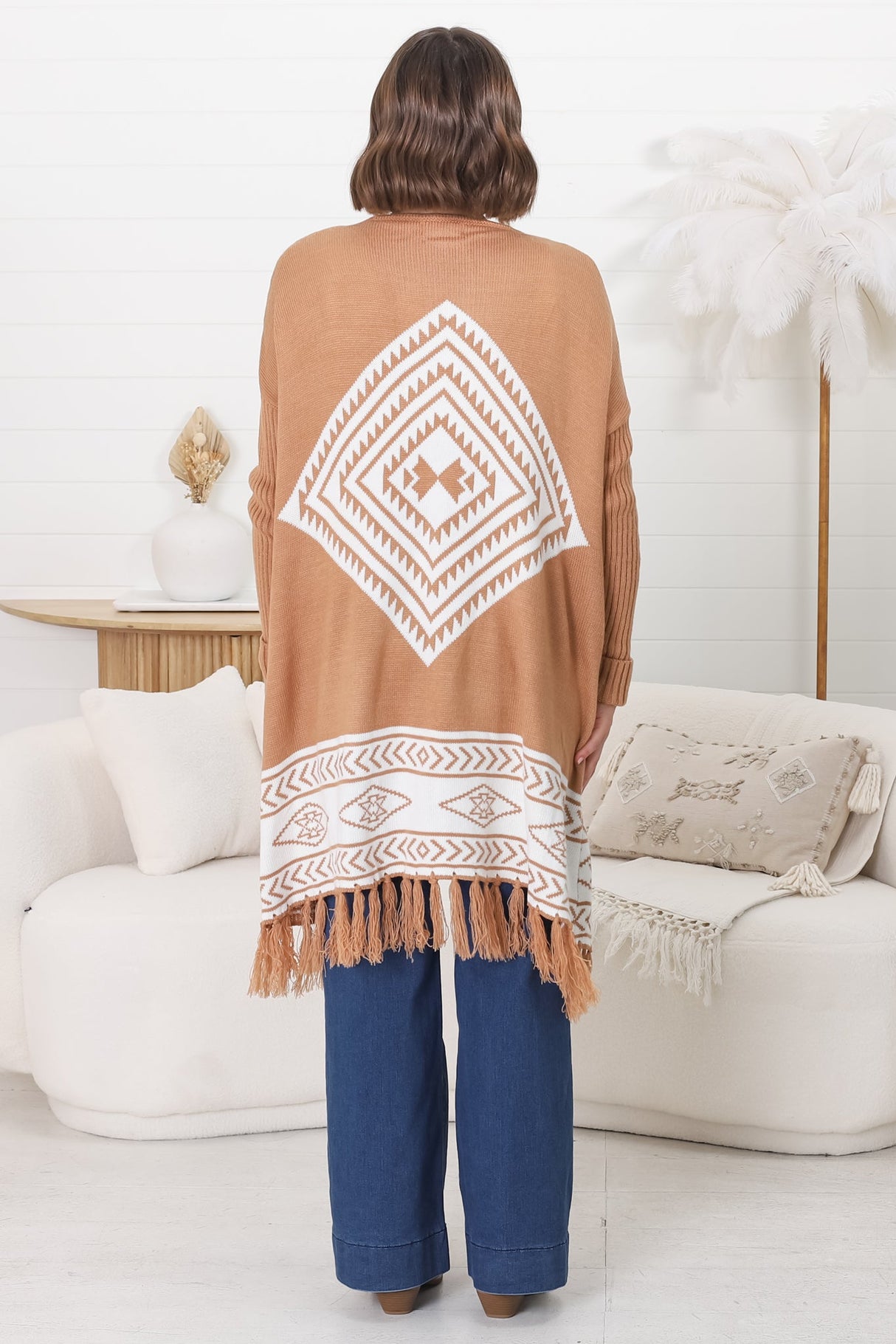 Amos Cardigan - Open Front Cardigan with Tassel Hem in Camel