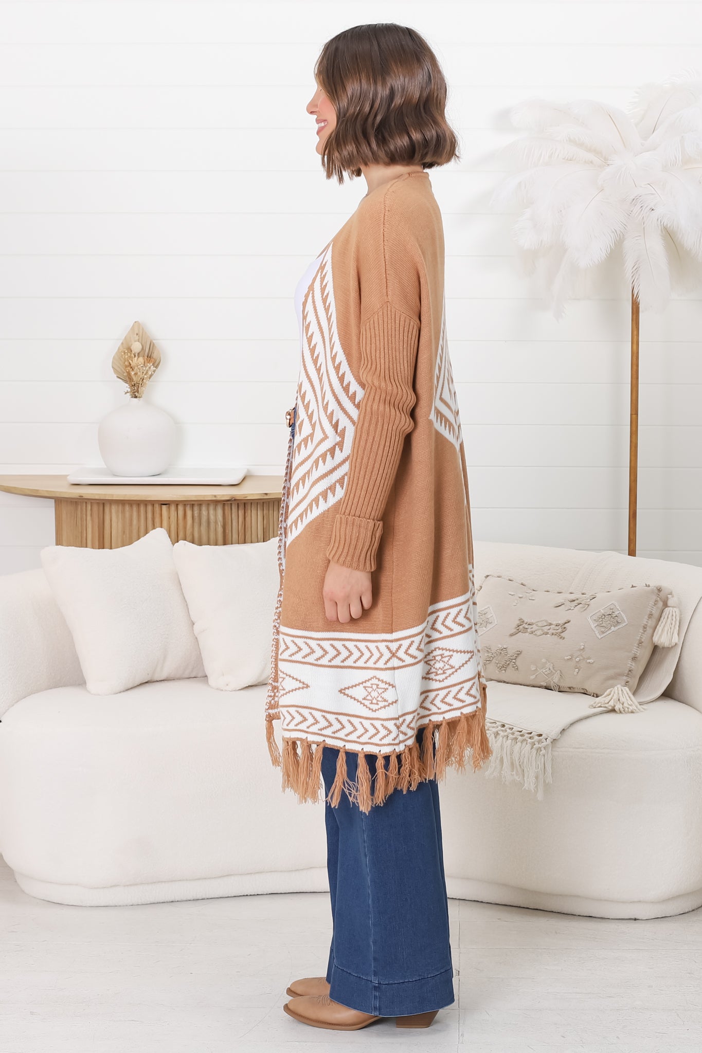 Amos Cardigan - Open Front Cardigan with Tassel Hem in Camel