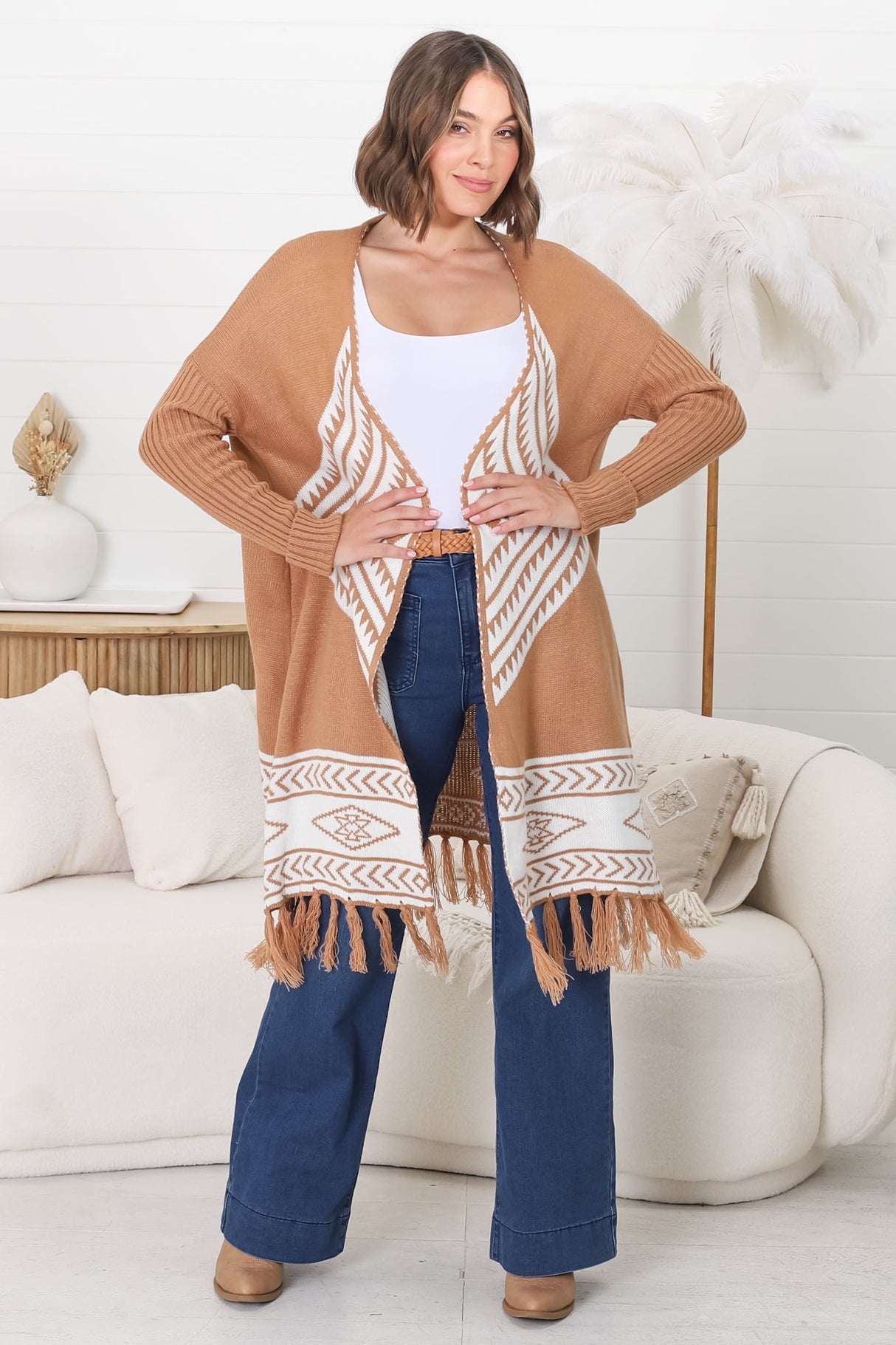 Amos Cardigan - Open Front Cardigan with Tassel Hem in Camel