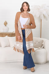 Amos Cardigan - Open Front Cardigan with Tassel Hem in Camel