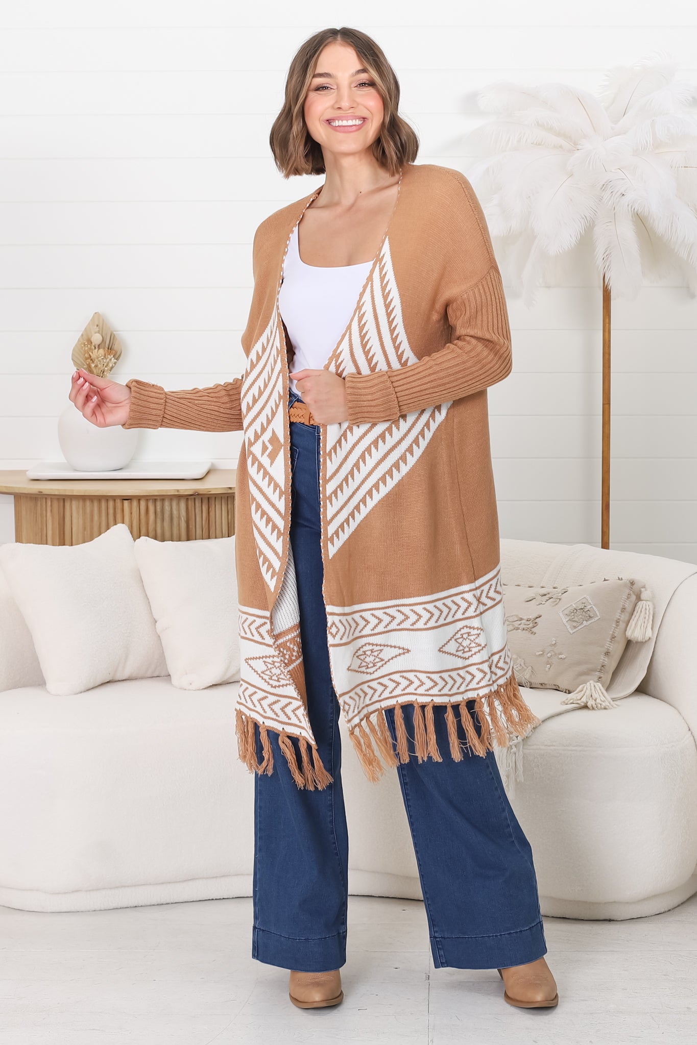 Amos Cardigan - Open Front Cardigan with Tassel Hem in Camel