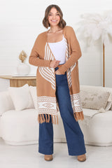 Amos Cardigan - Open Front Cardigan with Tassel Hem in Camel