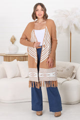 Amos Cardigan - Open Front Cardigan with Tassel Hem in Camel