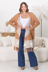 Amos Cardigan - Open Front Cardigan with Tassel Hem in Camel