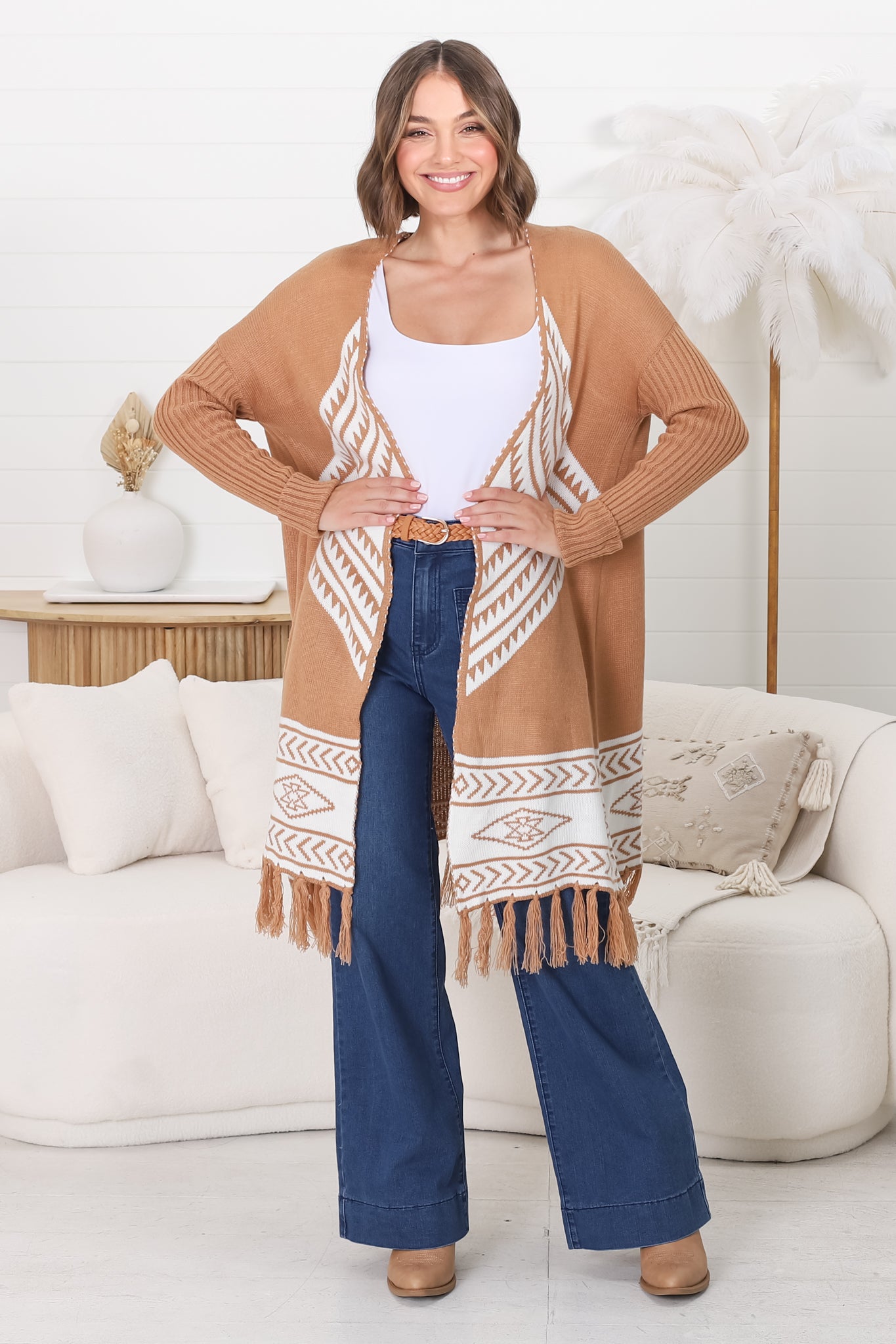 Amos Cardigan - Open Front Cardigan with Tassel Hem in Camel