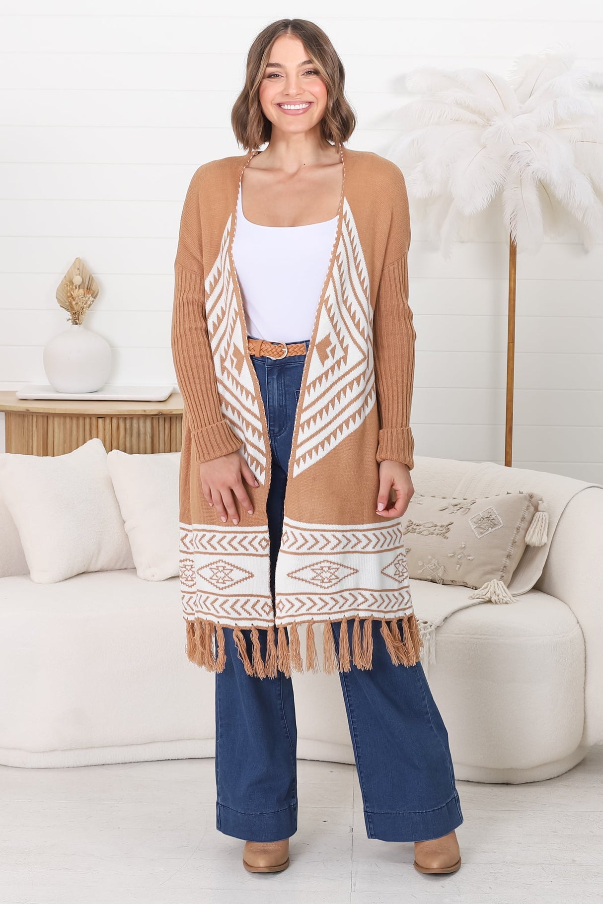 Amos Cardigan - Open Front Cardigan with Tassel Hem in Camel