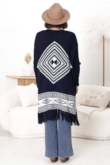 Amos Cardigan - Open Front Cardigan with Tassel Hem in Navy