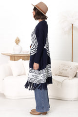 Amos Cardigan - Open Front Cardigan with Tassel Hem in Navy