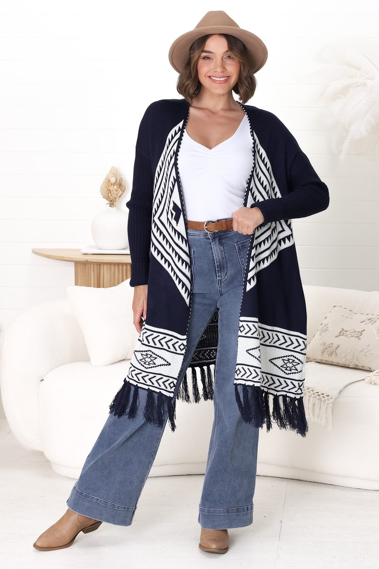 Amos Cardigan - Open Front Cardigan with Tassel Hem in Navy